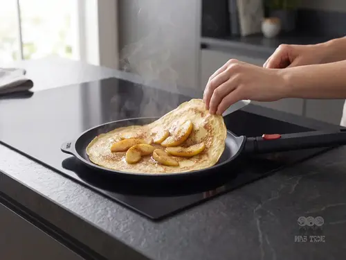 Patelnie Produkt z naleśnikiem i jabłkami na kuchence