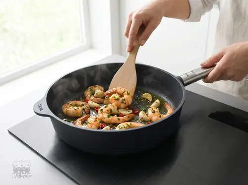 Eco Logic QXR PRO WOLL - czarna patelnia tytanowa Ø 28 cm z krewetkami i czosnkiem.