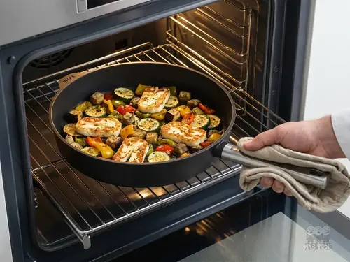 Patelnia Eco Logic QXR PRO WOLL z powłoką nieprzywierającą, stalowy uchwyt, Ø 32 cm, w piekarniku.