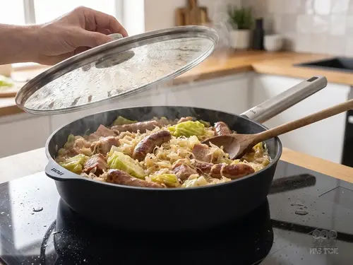Eco Logic QXR PRO WOLL – głęboka patelnia tytanowa 32 cm z powłoką PFAS Free podczas gotowania w kuchni.