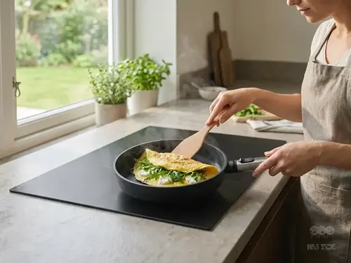 Patelnia tytanowa Eco Logic QXR PRO WOLL z odpinanym uchwytem stalowym, Ø 20 cm, na kuchennym blacie.