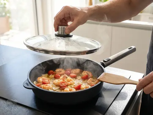 Patelnia produkt z krewetkami i pomidorami w kuchni, uniesiona pokrywka.