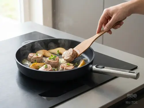 Patelnia Produkt z mięsem i ziołami na płycie indukcyjnej w nowoczesnej kuchni.