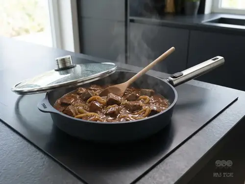 Patelnia produkt z pokrywką, dusząca mięso z cebulą na kuchennym blacie.