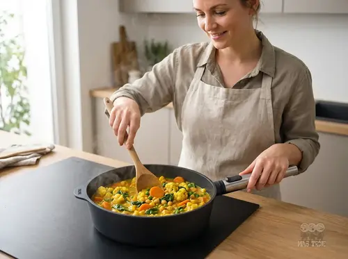 WOLL Eco Logic QXR PRO - głęboka patelnia tytanowa z warzywnym curry, stalowy uchwyt.