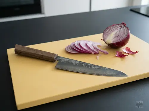 Nóż kuchenny produkt na desce z pokrojoną czerwoną cebulą, producent produkt.