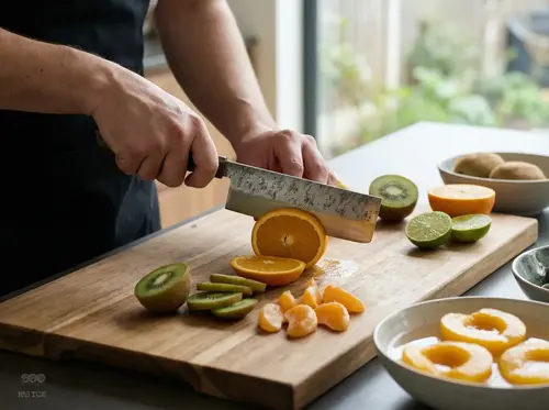 Nóż kuchenny Produkt krojący owoce na drewnianej desce, kiwi, pomarańcze, limonki.