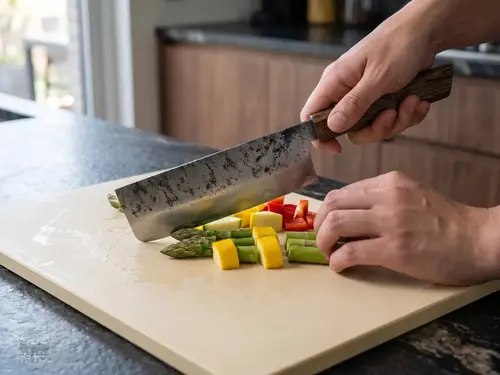 Nóż kuchenny produkt krojący warzywa na desce w nowoczesnej kuchni