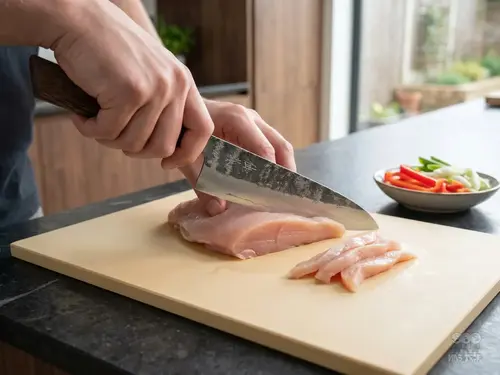 Nóż kuchenny produkt krojący filet z kurczaka na drewnianej desce, w tle świeże warzywa