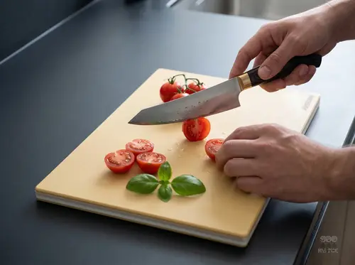 Nóż kuchenny Produkt kroi pomidory na desce, obok liście bazylii.