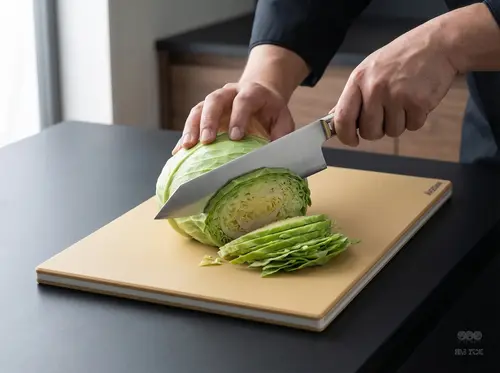 Nóż Suncraft Elegancia Santoku przecinający kapustę na desce.