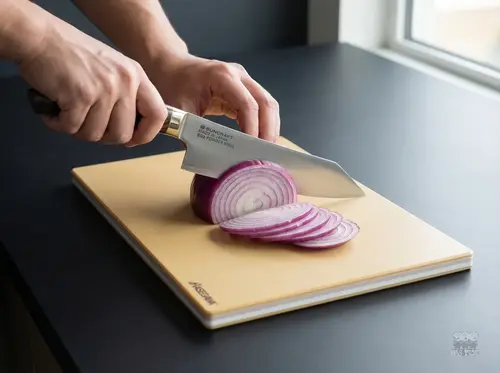Nóż Santoku Suncraft Elegancia, stal SG2, kroi cebulę na desce.