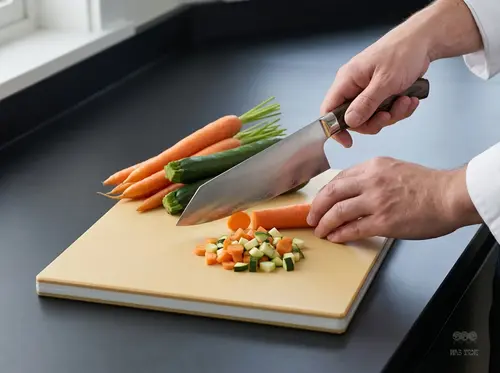Nóż Santoku Suncraft Elegancia krojący warzywa na desce kuchennej.