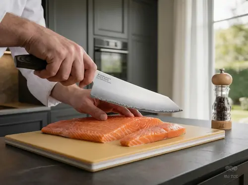 Nóż kuchenny producenta w akcji, krojący soczysty filet z łososia na desce.
