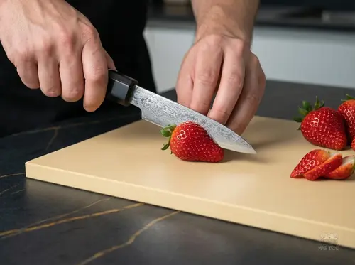 Nóż Suncraft Senzo Black krojący truskawkę na jasnej desce kuchennej.