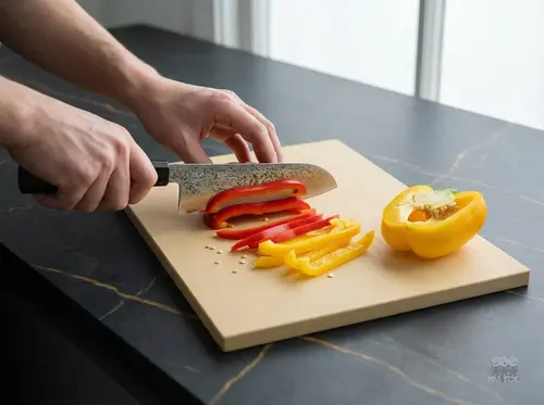 Senzo Black Suncraft – japoński nóż Santoku 33-warstwowy VG-10, krojenie papryki na desce kuchennej.