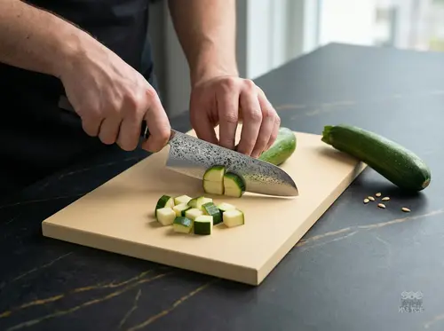 Suncraft Senzo Black – 33-warstwowy nóż Santoku krojący cukinię na jasnej desce w eleganckiej kuchni