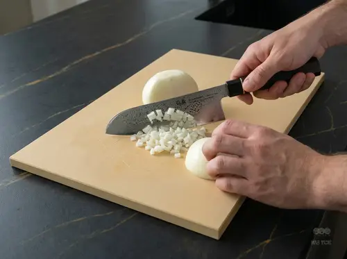 Japoński nóż Santoku Senzo Black Suncraft 33-warstwowy VG-10 do warzyw na desce podczas krojenia cebuli