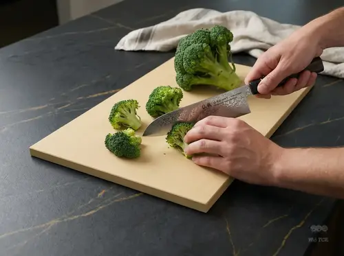 Japoński nóż Santoku Senzo Black Suncraft tnie brokuły na jasnej desce kuchennej, eleganckie otoczenie.