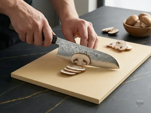 Suncraft Senzo Black – 33-warstwowy nóż Santoku 16,7 cm krojący pieczarki na desce w nowoczesnej kuchni