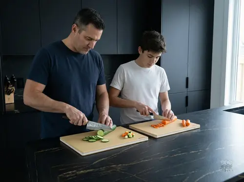 Suncraft Senzo Black Santoku, 33-warstwowy japoński nóż do warzyw na desce w nowoczesnej kuchni, stal VG-10
