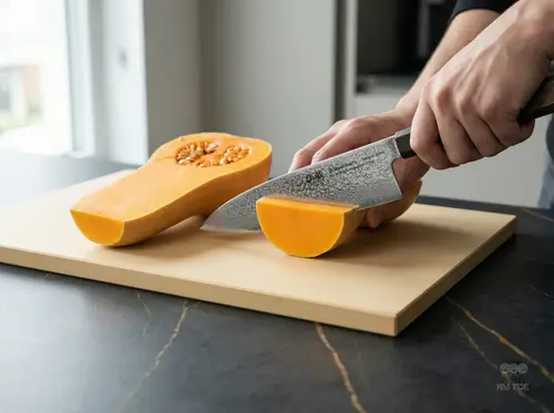 Czerniony nóż kucharza Suncraft Senzo Black Gyuto 20 cm kroi dynię na jasnej desce kuchennej.