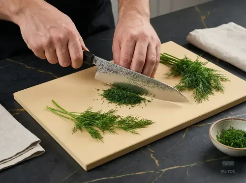 Senzo Black Suncraft – japoński nóż kucharza Gyuto 20 cm do siekania na desce, świeży koper obok