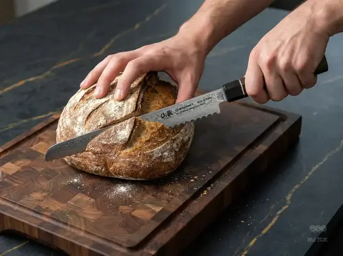 Nóż Suncraft tnie świeży chleb na drewnianej desce kuchennej.