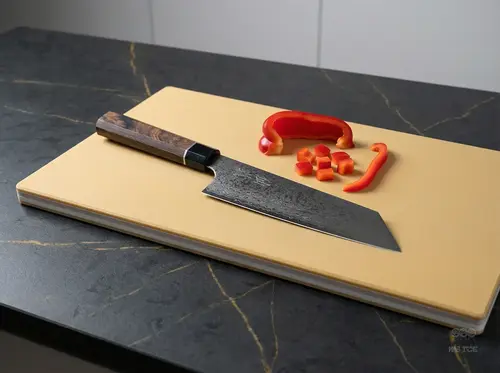 Czerniony nóż Bunka Suncraft Senzo Black na desce z pokrojoną papryką, 33-warstwowa stal VG-10, 16,5 cm