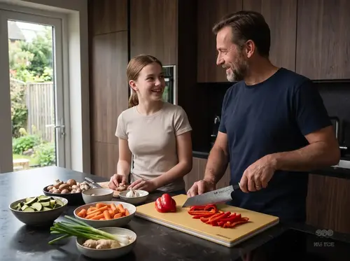 Suncraft Senzo Black, czerniony 33-warstwowy nóż Bunka, krojenie papryki na desce w nowoczesnej kuchni