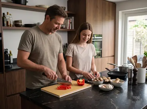 Suncraft Senzo Black Bunka, 33-warstwowy nóż japoński do warzyw, na blacie kuchennym z deską i papryką