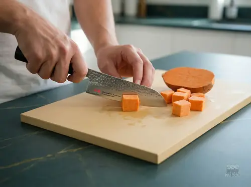 Nóż kuchenny Suncraft w trakcie krojenia batata na desce – precyzja i jakość w każdej kuchni.