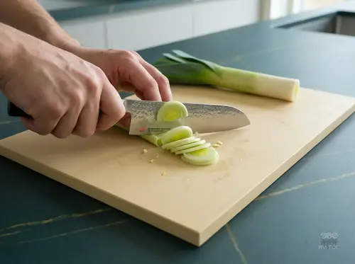 Japoński nóż Santoku Senzo Classic Suncraft z młotkowanym ostrzem kroi pora na desce kuchennej.
