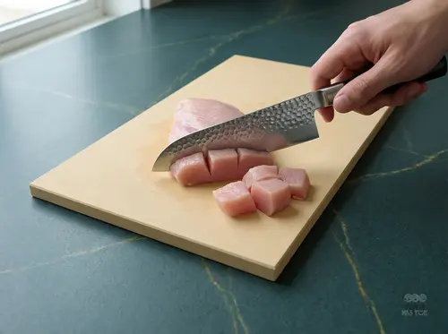 Japoński nóż Santoku Senzo Classic Suncraft, 33-warstwowy, młotkowany, podczas krojenia na desce kuchennej.