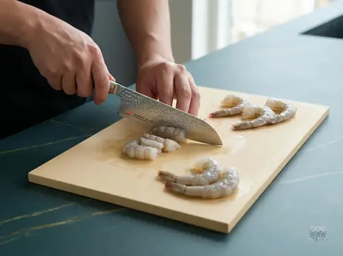 Nóż kuchenny produkt Santoku kroi krewetki na desce, kuchnia, blat, światło dzienne, producent produkt