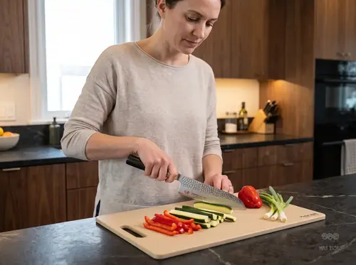 Kobieta kroi warzywa nożem Santoku Senzo Classic Suncraft w nowoczesnej kuchni na desce przy oknie.
