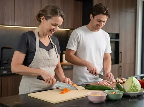Senzo Classic Suncraft – japoński nóż Santoku młotkowany, 33-warstwowy, 16,7 cm, na desce z warzywami