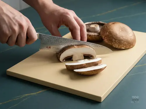 Suncraft nóż kuchenny z serii Classic w trakcie krojenia pieczarki na kremowej desce do krojenia.