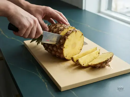 Nóż kuchenny producenta produkt krojący świeżego ananasa na drewnianej desce w jasnej, domowej kuchni