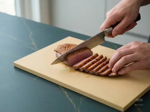 Japoński nóż do sushi Suncraft Senzo Classic, młotkowany, krojący mięso na jasnej desce kuchennej.