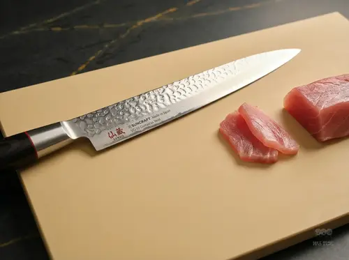 Nóż kuchenny Suncraft Senzo z damasceńskiej stali na desce obok plasterków świeżej ryby do sushi.