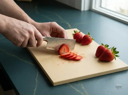Młotkowany nóż do warzyw Suncraft Senzo Classic, Mini-Usuba 10 cm, krojący truskawki na desce kuchennej.