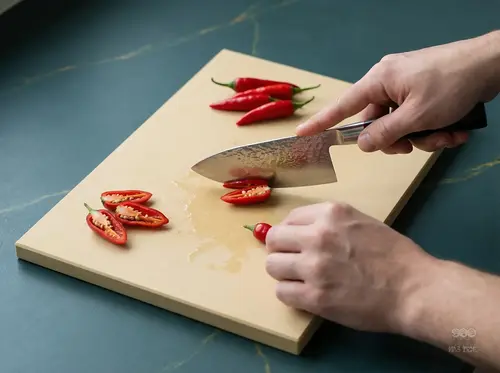 Suncraft Senzo Classic młotkowany nóż Ko-Deba 10 cm VG-10 kroi papryczki na jasnej desce kuchennej