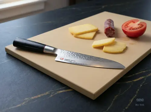 Senzo Classic Suncraft, młotkowany nóż japoński VG-10, 15 cm na desce z serem, salami i pomidorem.