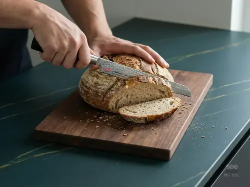 Nóż do chleba producenta produkt krojący bochenek na desce kuchennej, świeżo wypieczony chleb i dłonie.