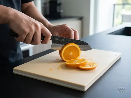 Japoński nóż Santoku Senzo Finest Suncraft tnie pomarańczę na desce w nowoczesnej kuchni, stal SPG STRIX
