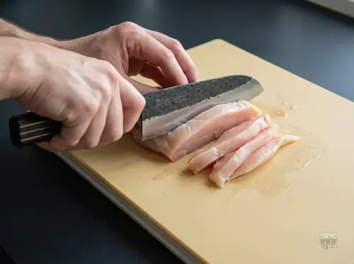 Senzo Finest Suncraft – japoński nóż Santoku 17 cm SPG STRIX na tle deski z krojonym mięsem drobiowym.