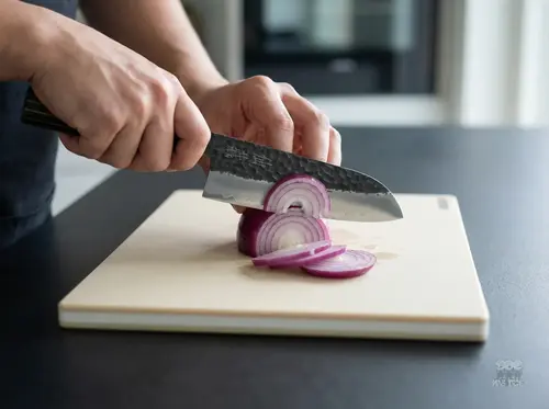 Santoku Suncraft Senzo Finest z ostrzem SPG STRIX kroi czerwoną cebulę na jasnej desce w nowoczesnej kuchni.
