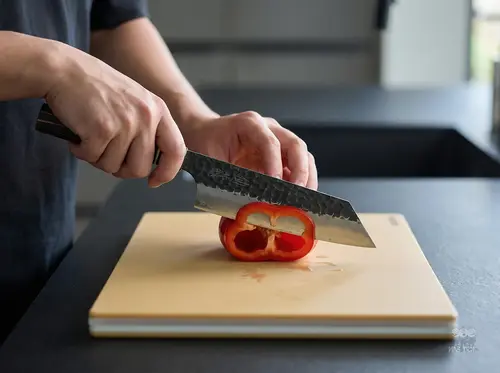 Nóż Bunka Senzo Finest Suncraft ze stali SPG STRIX kroi paprykę na desce w nowoczesnej kuchni