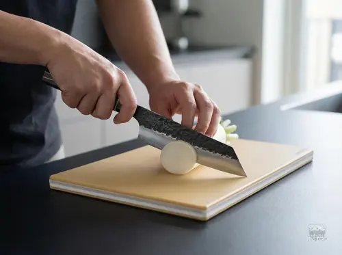 Suncraft Senzo Finest Bunka 16,5 cm SPG STRIX – japoński nóż do warzyw i mięsa w akcji na desce kuchennej